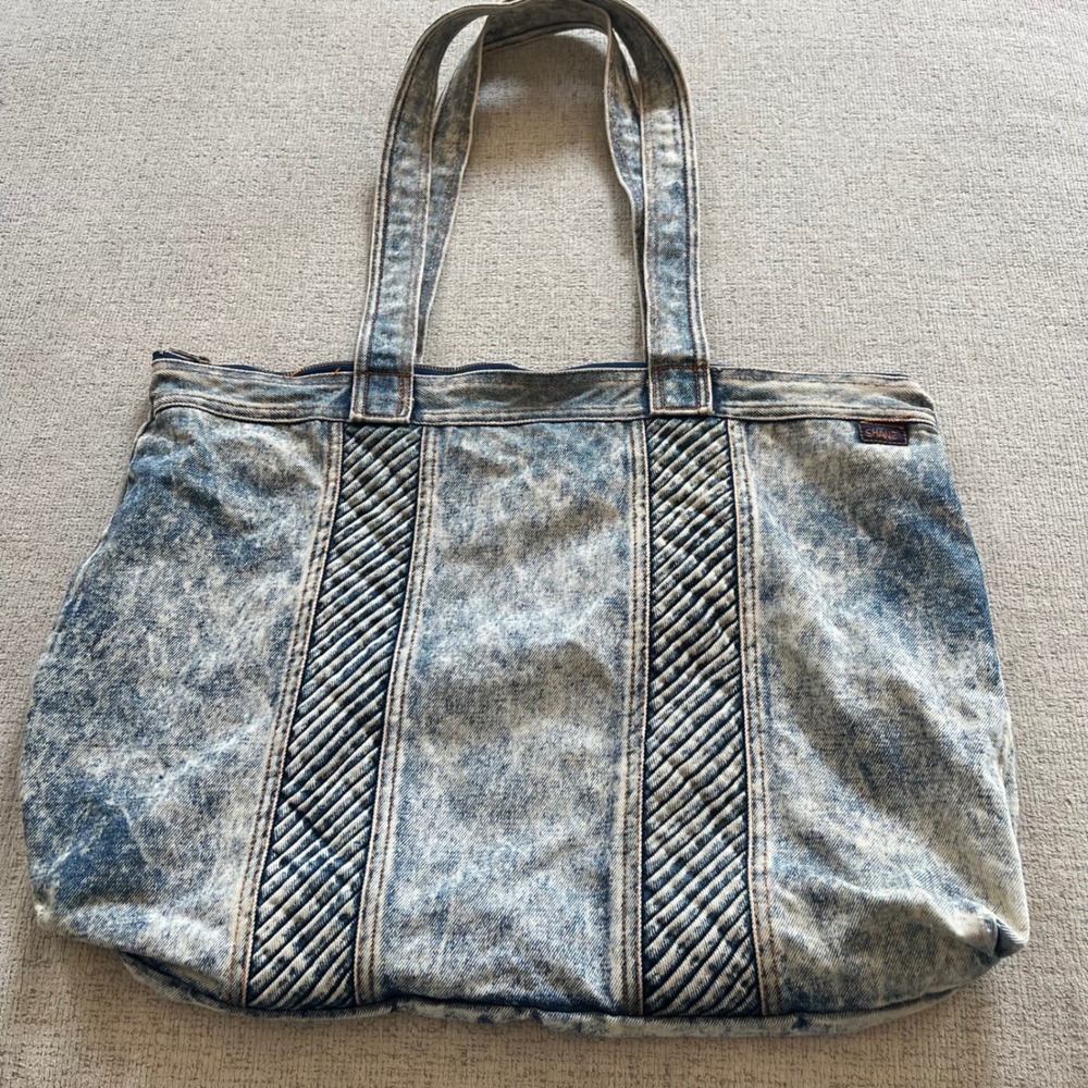 Vintage Shane Acid Wash Denim Tote Bag 80s Quilted Shoulder Bag Light Blue